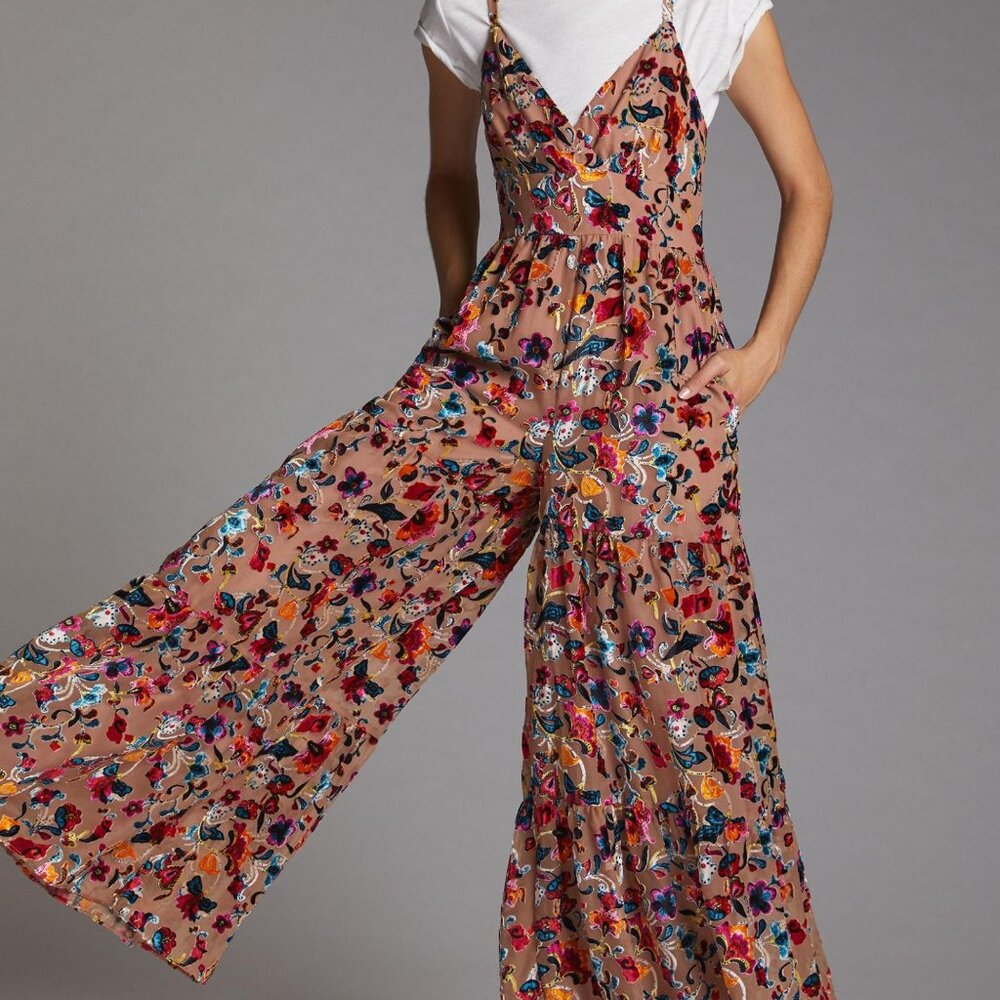 Anthropologie Flounced Floral Burnout Velvet Jumpsuit